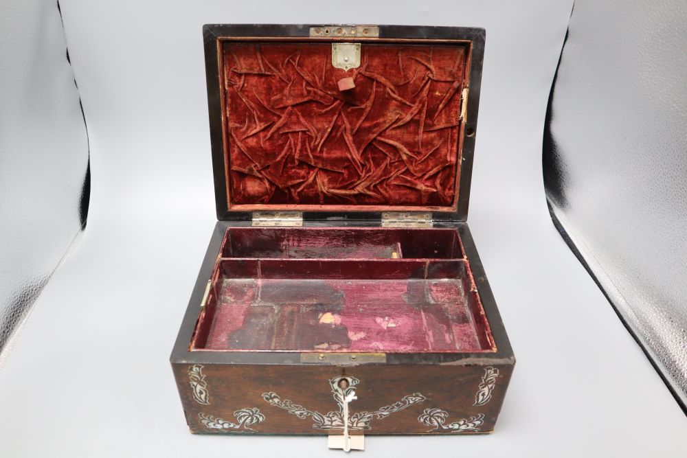 A Victorian mother of pearl inlaid rosewood toilet box, length 30cm